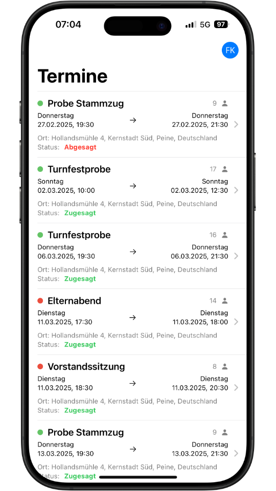 Screenshot eines iPhones mit geöffneter Teamplaner App
